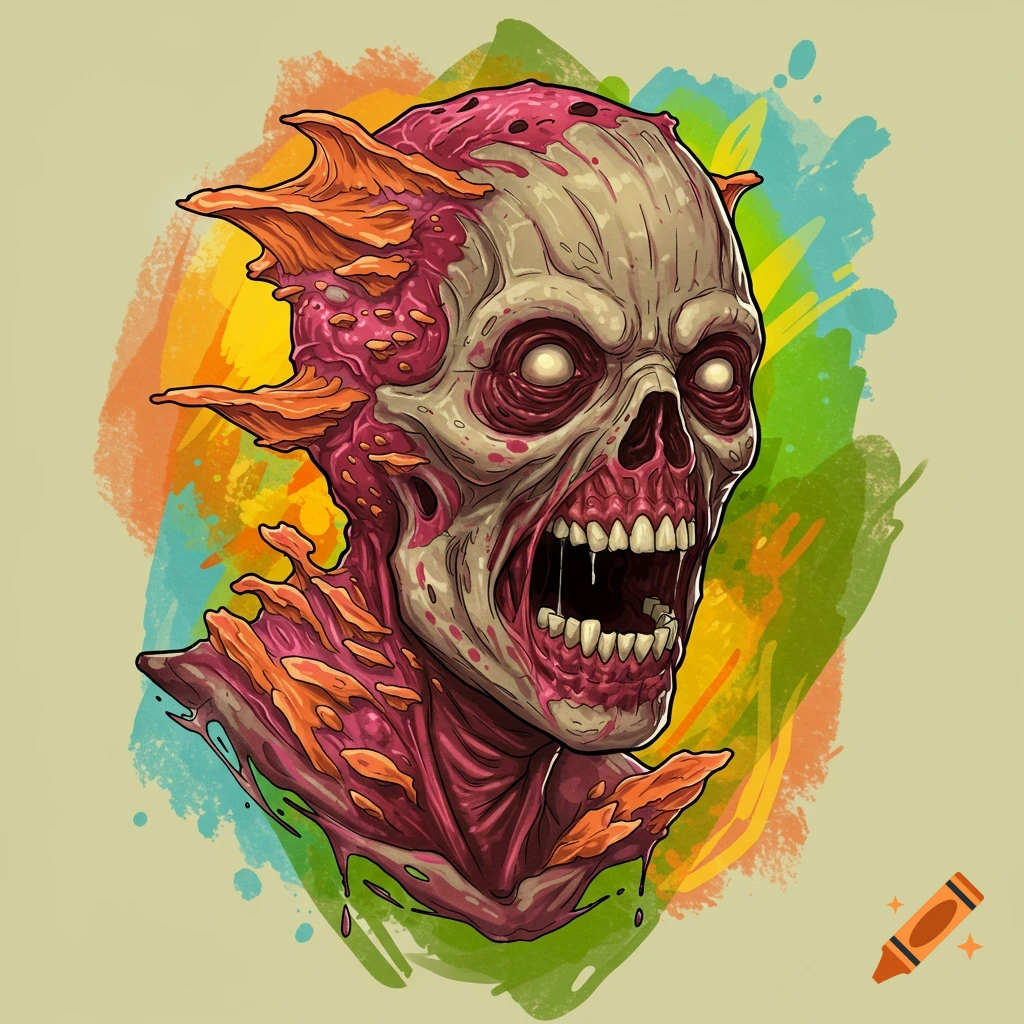 A stylized zombie head with dripping flesh and teeth, in a colorful tattoo style.