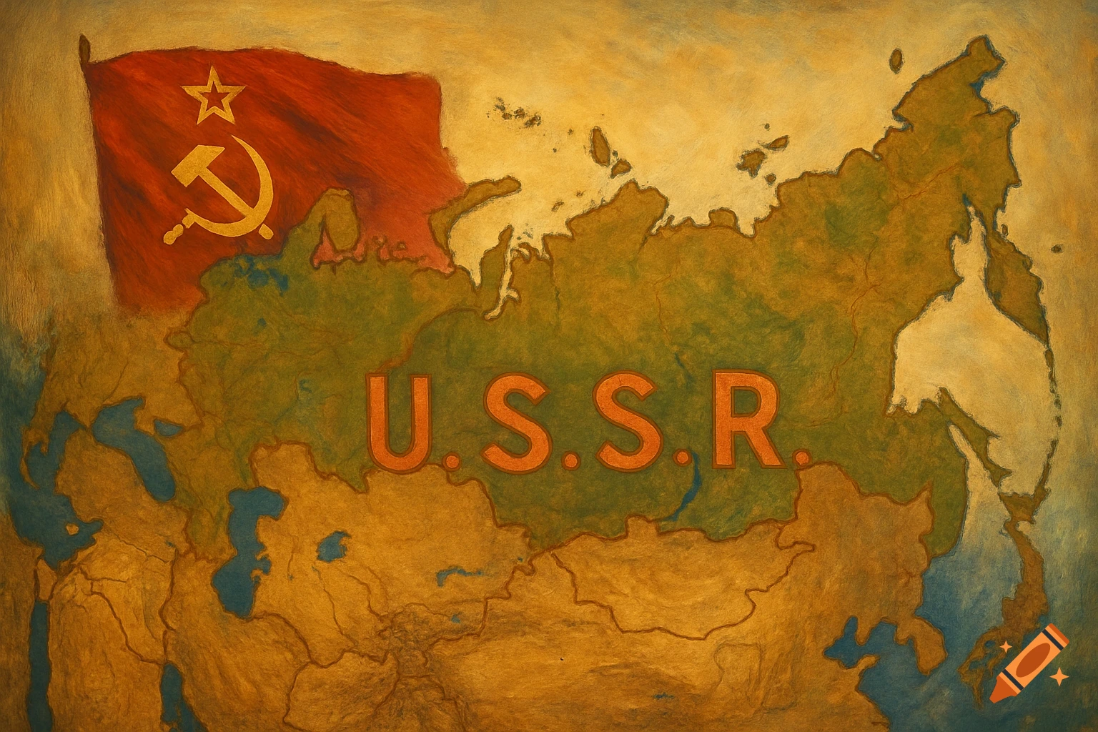 A painted map of the USSR with the Soviet flag and the letters U.S.S.R. overlaid.
