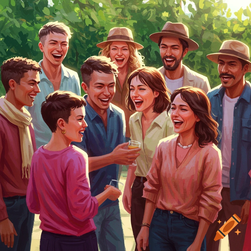 A group of diverse people laughing outdoors in a digital painting style.