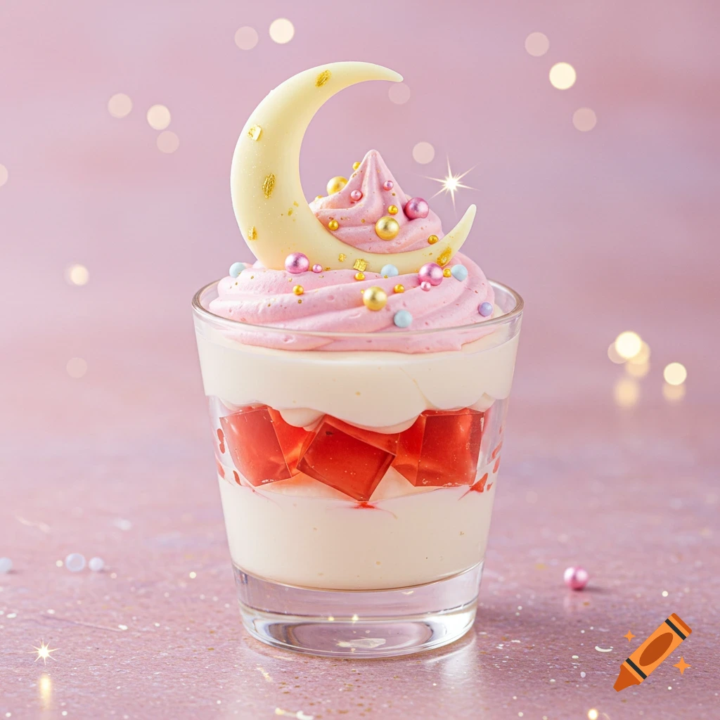 A dessert parfait with pink whipped cream, white chocolate mousse, and strawberry jelly cubes, topped with a white chocolate crescent moon and sprinkles.