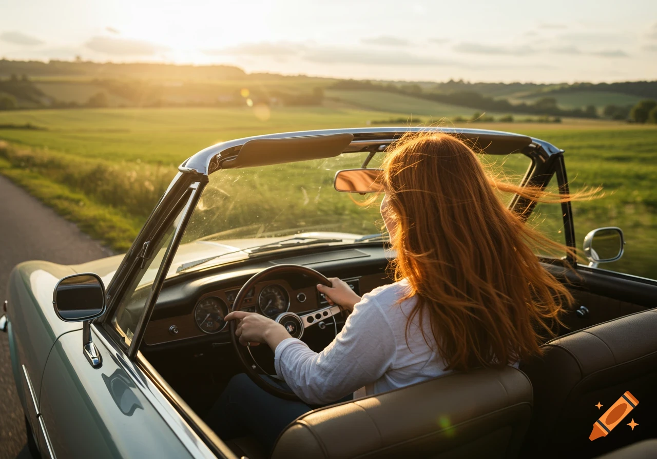 A woman drives a convertible through the countryside at sunset.