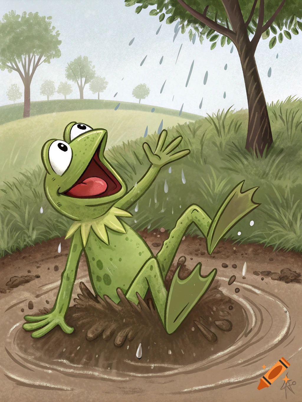 Cartoon illustration of Kermit The Frog splashing in a muddy puddle during the rain.