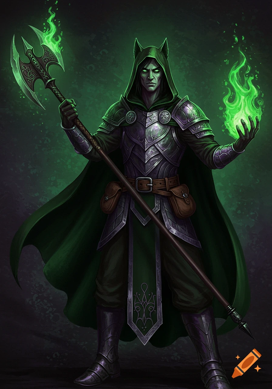 Fantasy character in armor and cloak with glowing axe and green fire