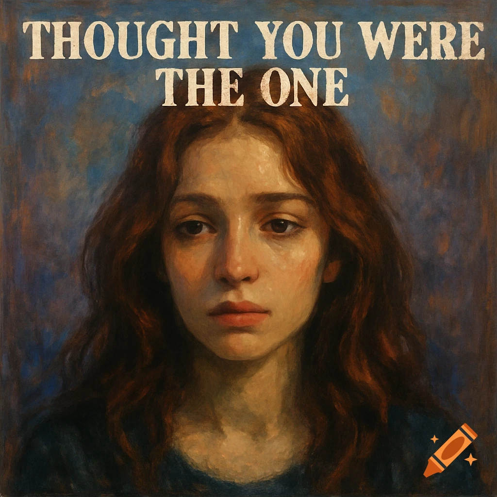 A painting of a sad woman's face with the text 'THOUGHT YOU WERE THE ONE' above her.