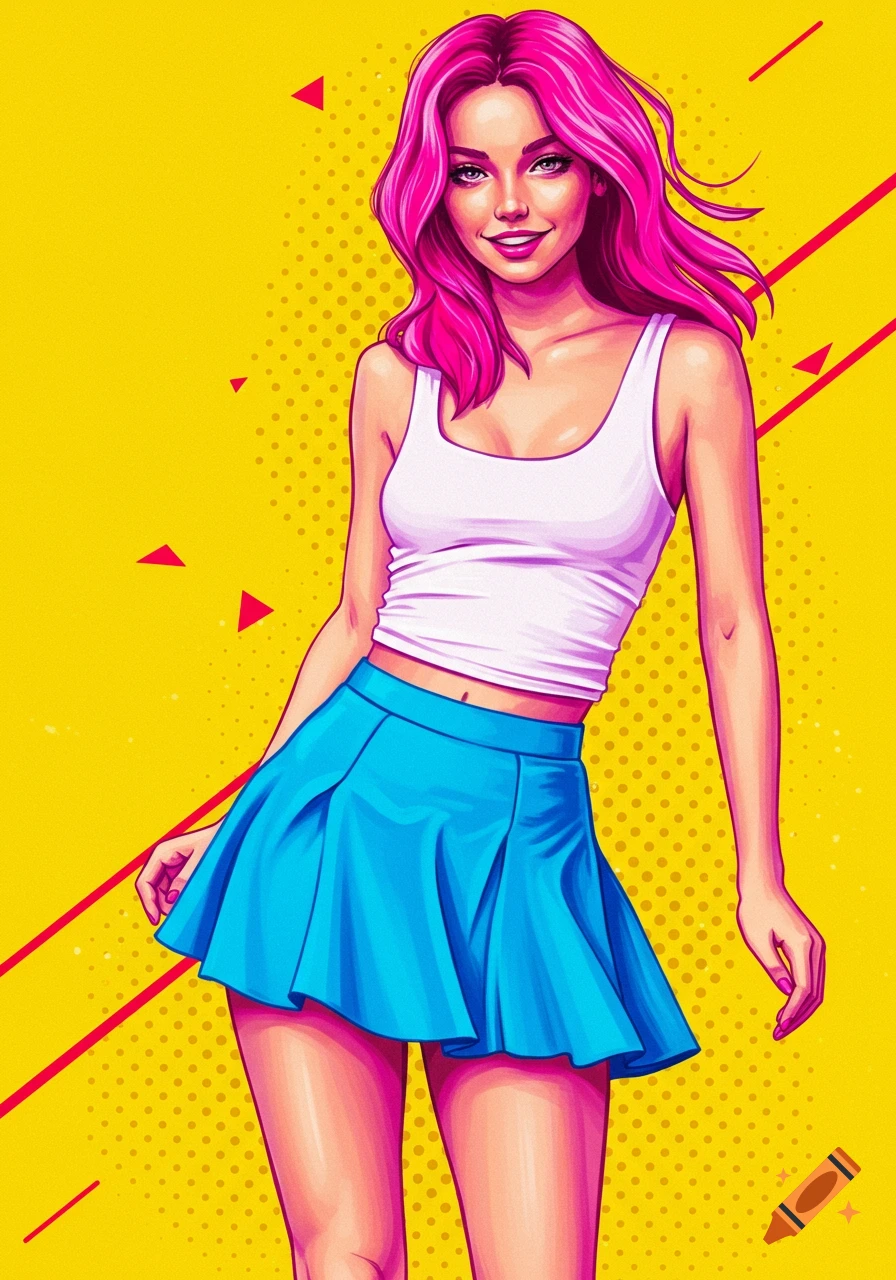 Vibrant pop art illustration of a young woman with pink hair in a white tank top and blue skirt against a yellow background.
