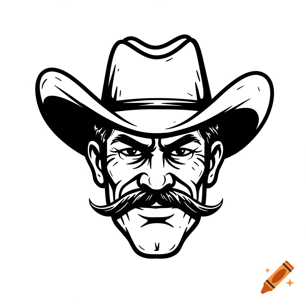 Black and white illustration of a cowboy's face with a mustache and hat.