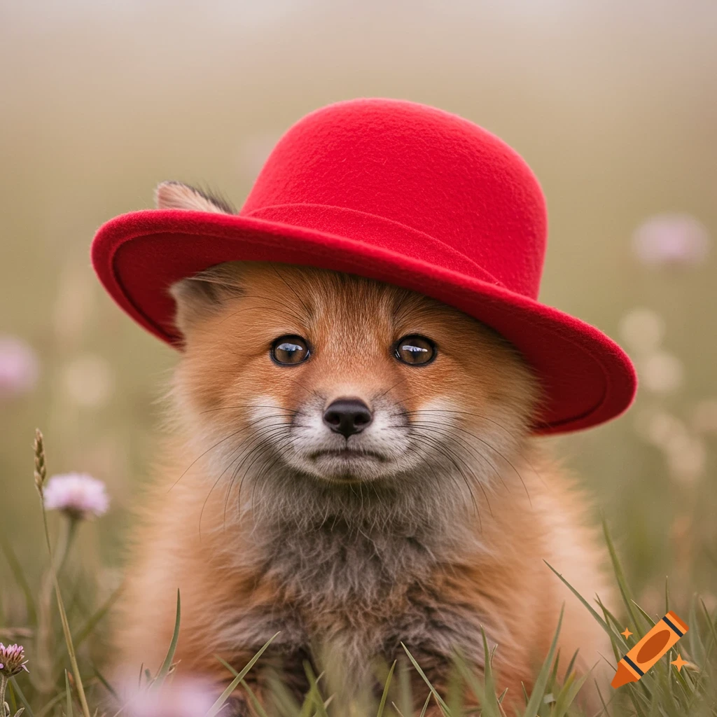 A cute fox wearing a red hat sits in a grassy field.