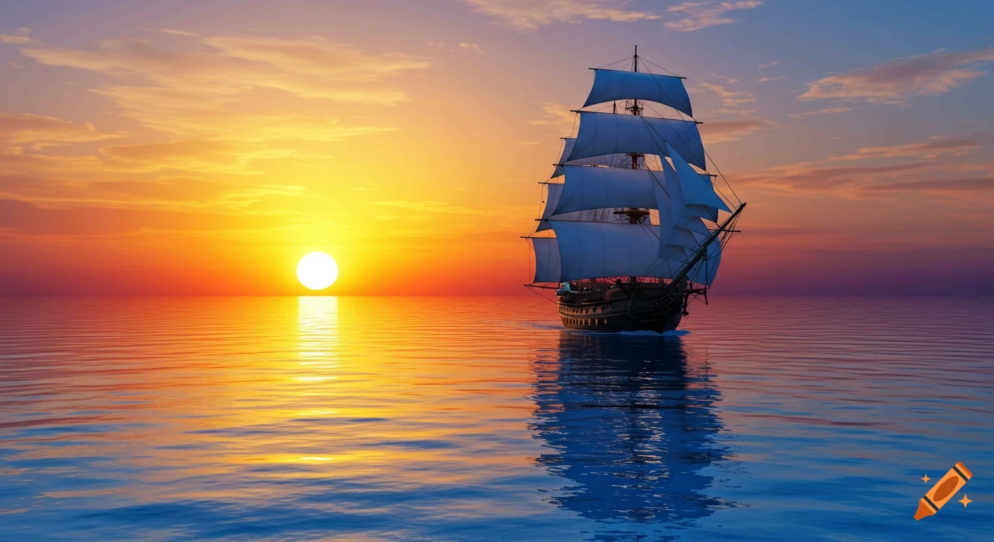A sailing ship on the ocean at sunset.