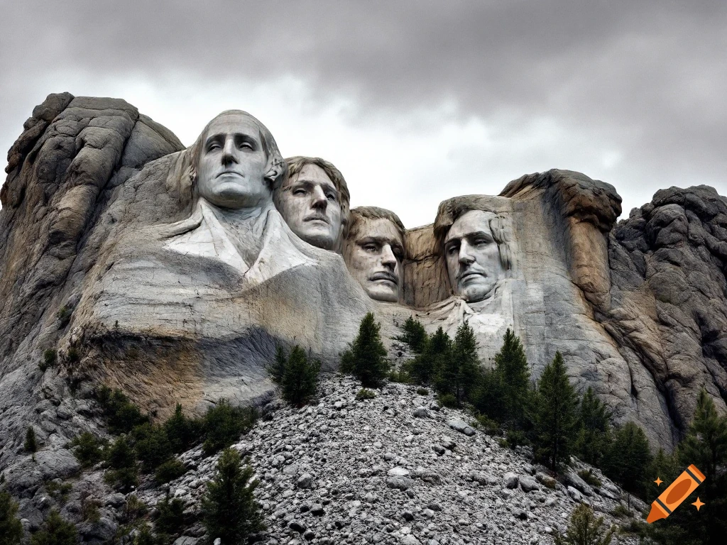 Photorealistic image of a large sculpture of faces carved into a mountain, resembling Mount Rushmore