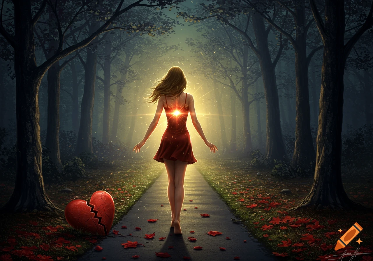 A woman walks on a forest path towards light, leaving a broken heart behind her.