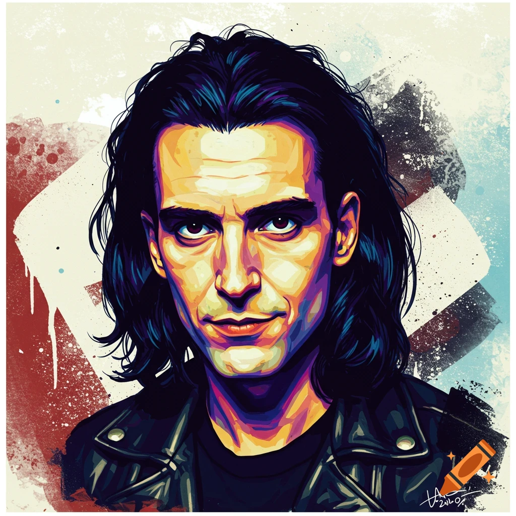 Stylized portrait of a man with dark hair in a leather jacket. on Craiyon