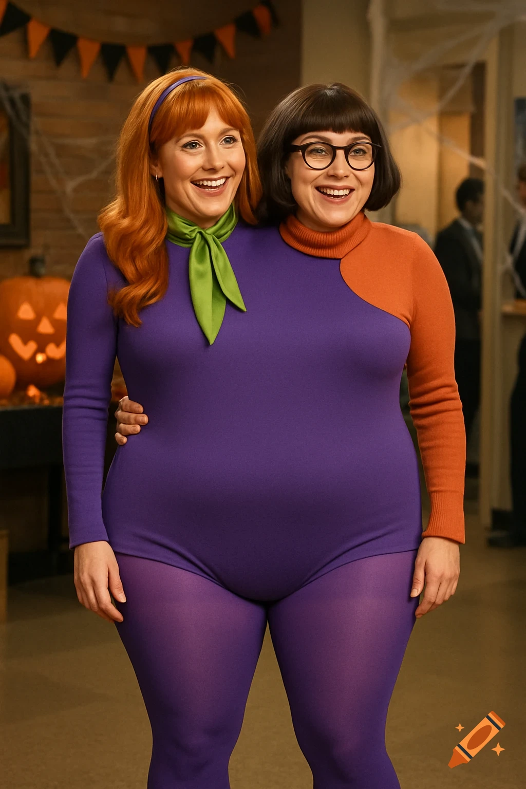 Two women in a Scooby-Doo Daphne/Velma costume create a comedic two-headed illusion in a Halloween scene.