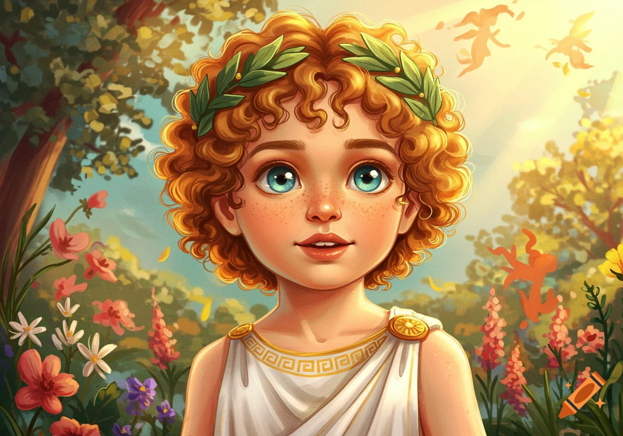Illustration of a boy in a Greek toga and wreath in a sunny garden.