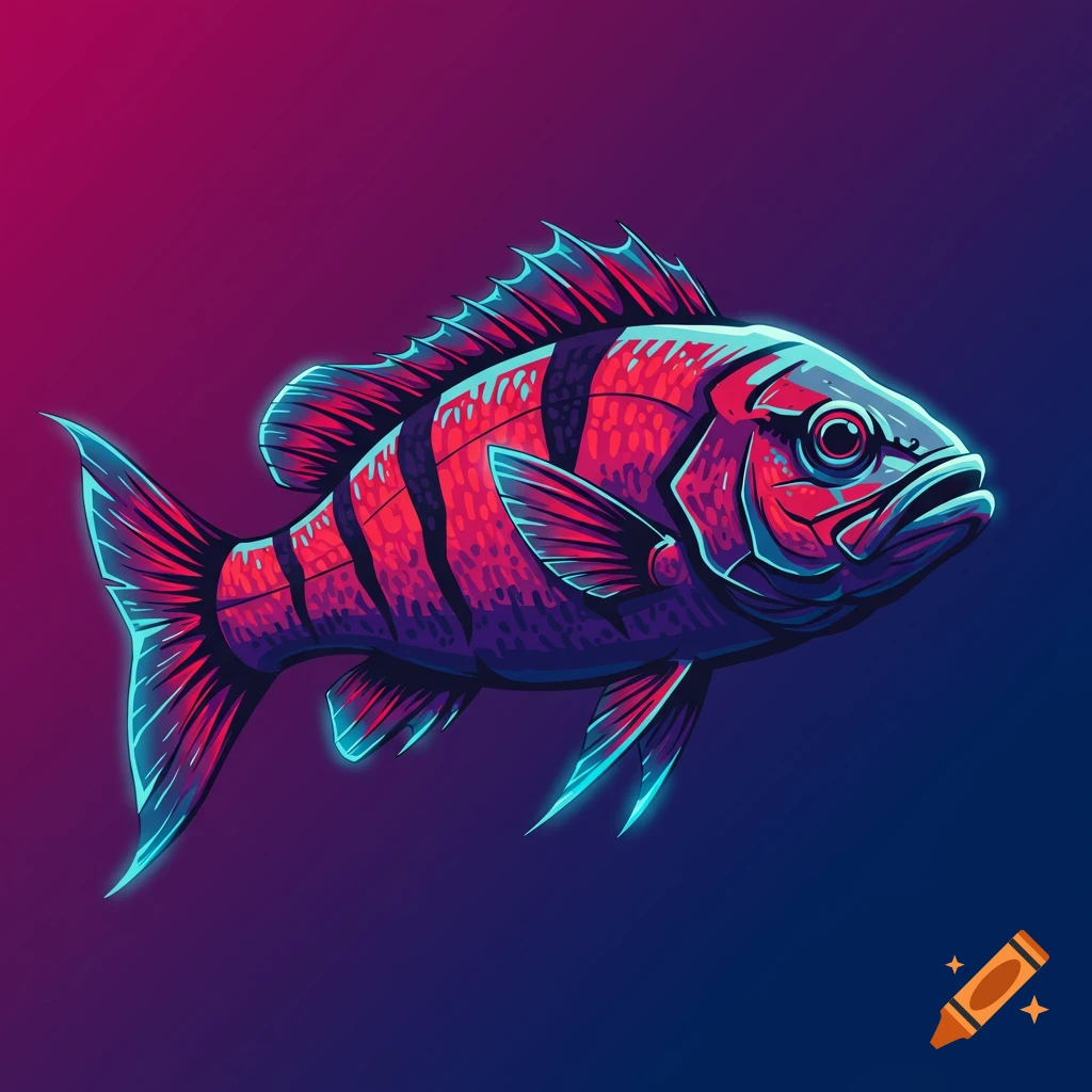 Stylized graphic design of a fish in red, purple, and blue colors against a gradient background.