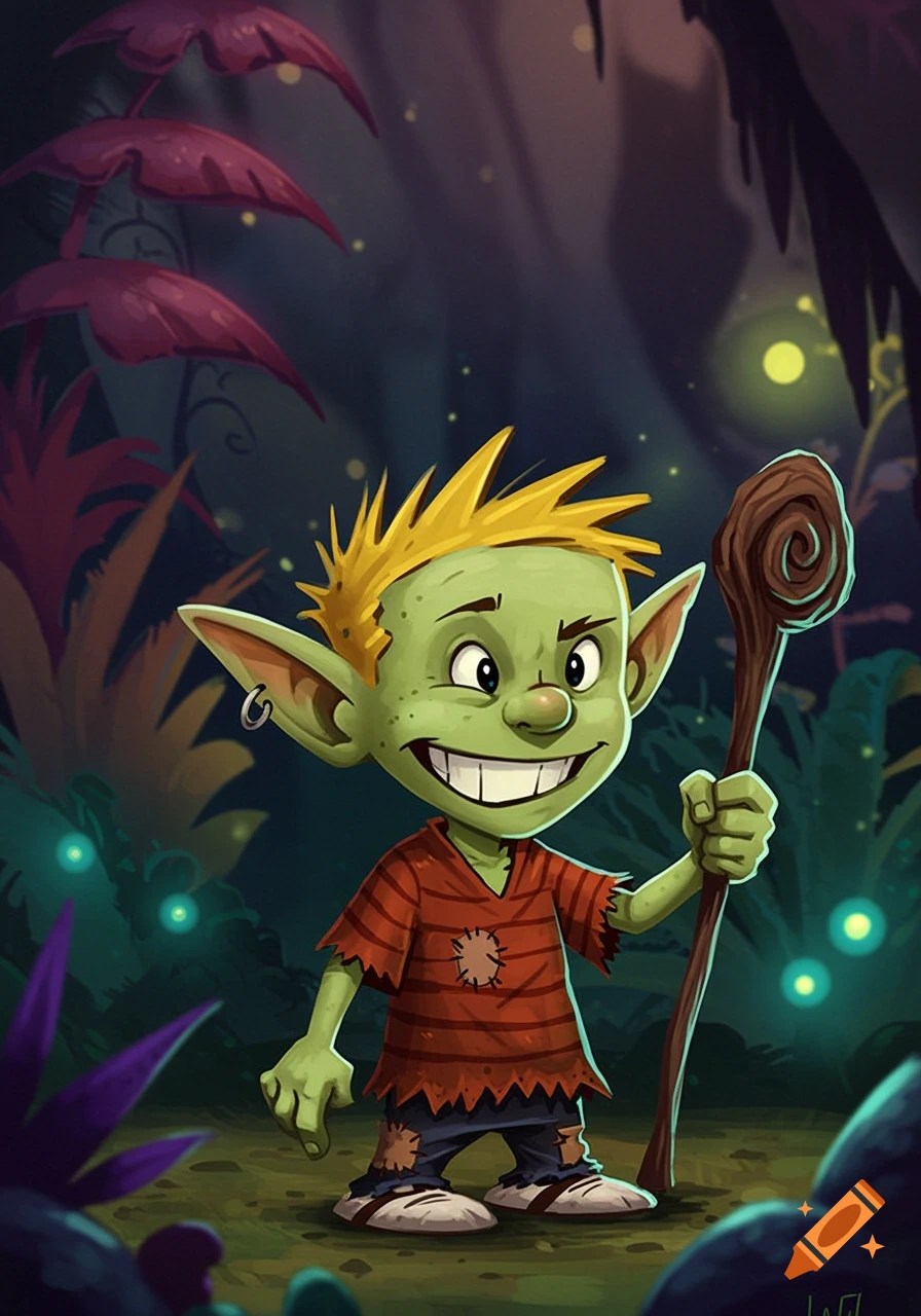 Cartoon illustration of a smiling goblin holding a staff in a forest.