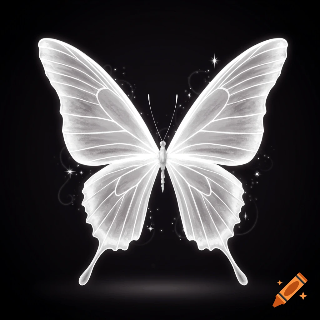 A white glowing butterfly with sparkles on a black background.