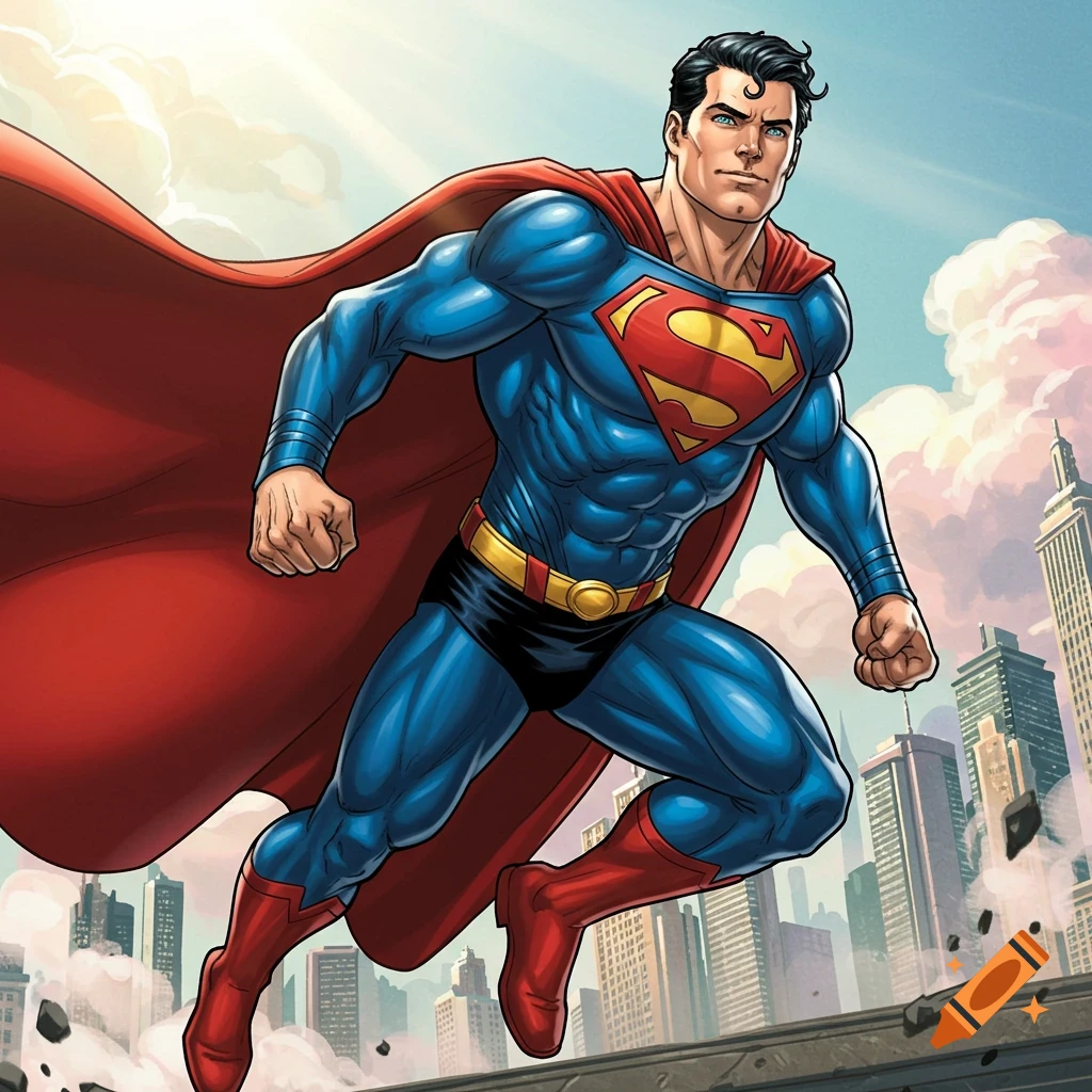 Superman flying over a city in comic book style