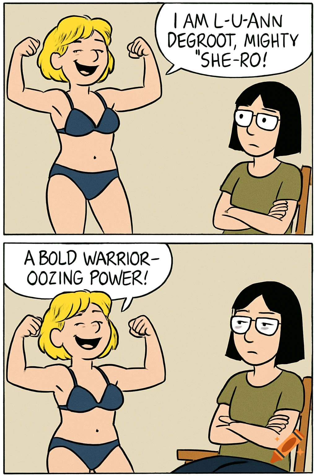 Two-panel comic strip. Top panel: A blonde woman in a bikini flexes and speaks to a dark-haired woman sitting unimpressed. Bottom panel: The blonde woman continues flexing and speaking, while the other woman still looks unimpressed.