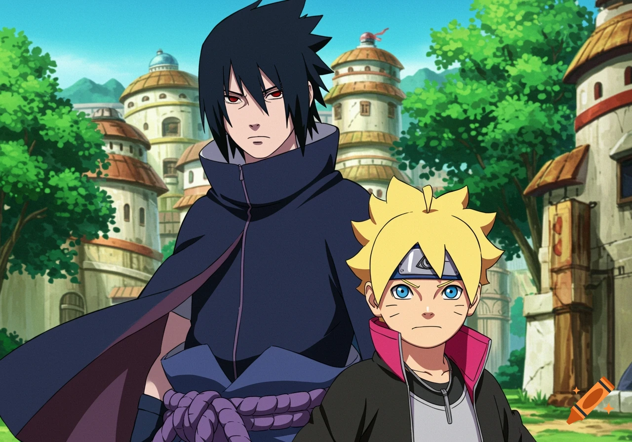 Sasuke and Boruto stand in a village in an anime style.