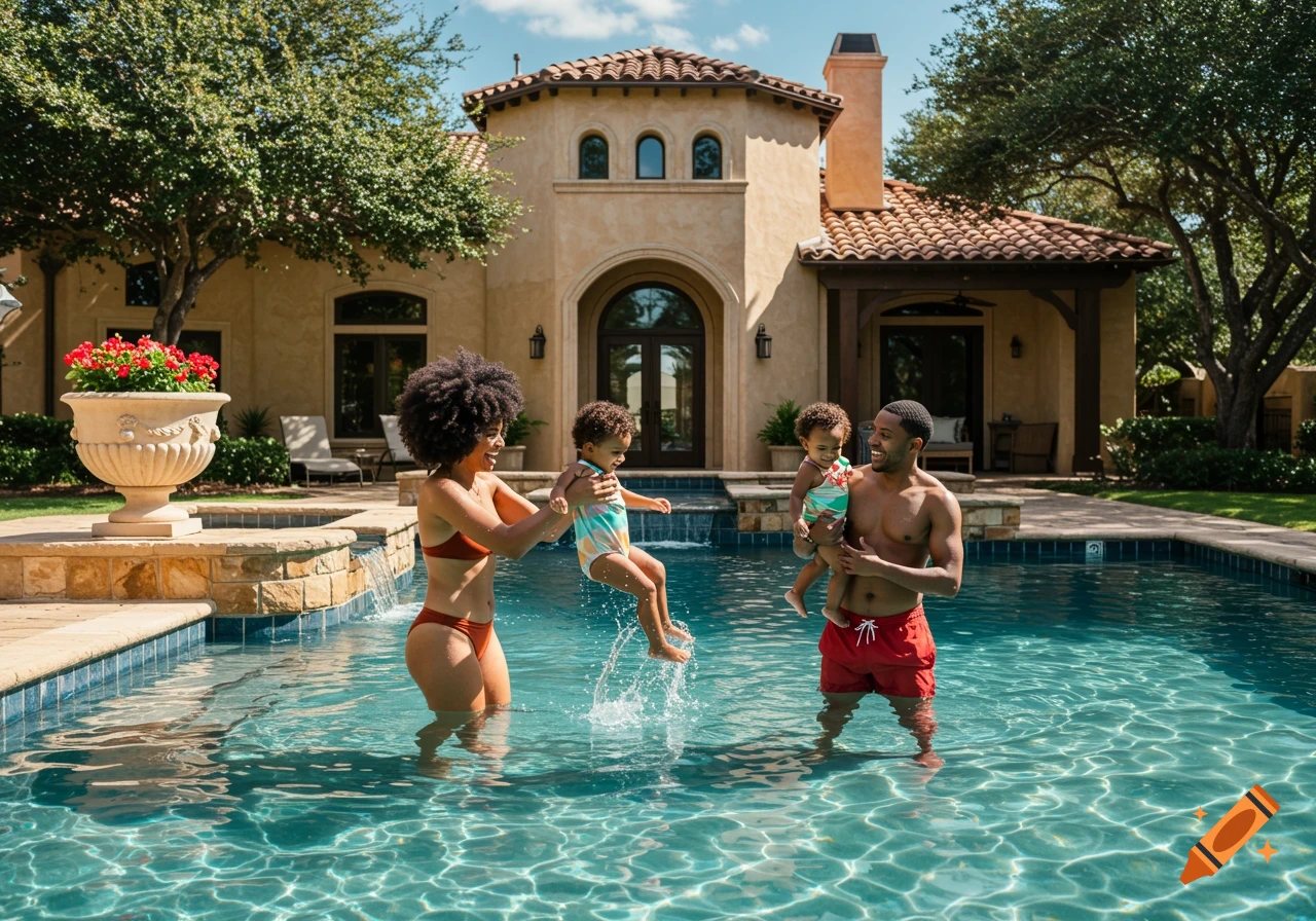 A Black family plays with two toddlers in a swimming pool outside a large mansion.