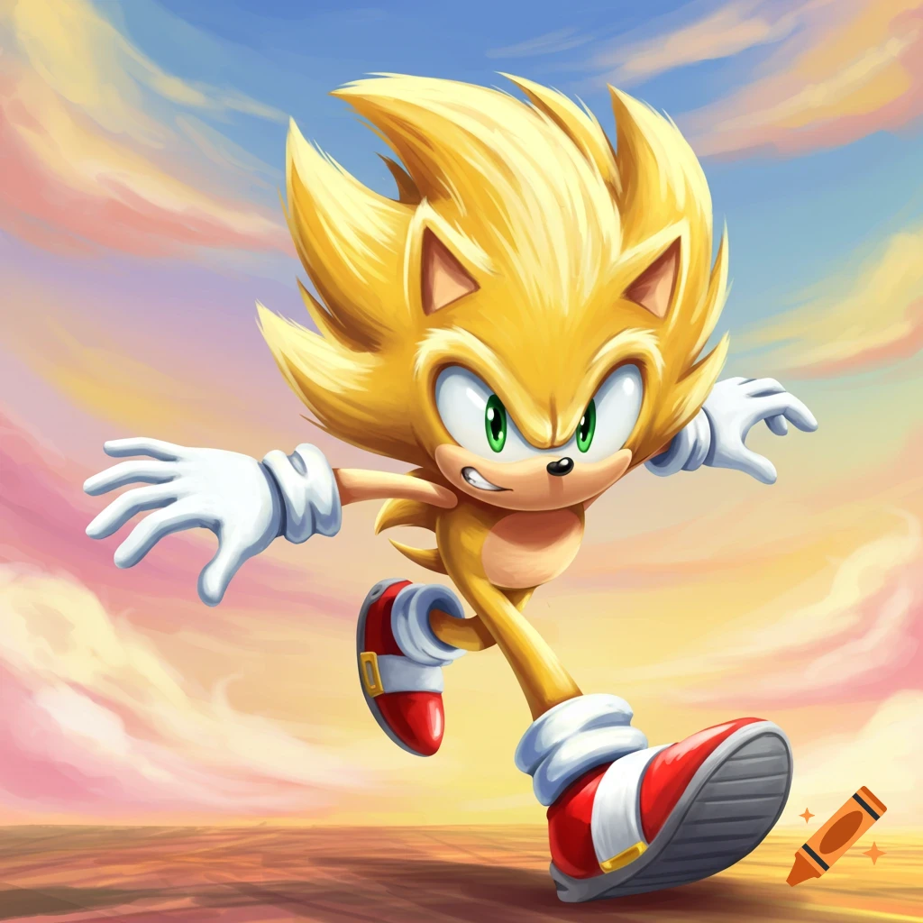 Super Sonic running with arms outstretched against a warm, cloudy sky in a digital painting style.