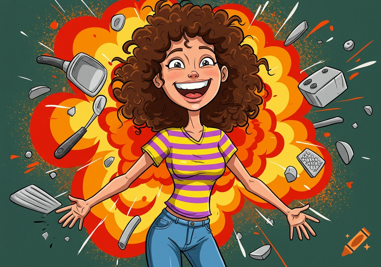 Cartoon of a woman with curly hair surrounded by exploding kitchen items