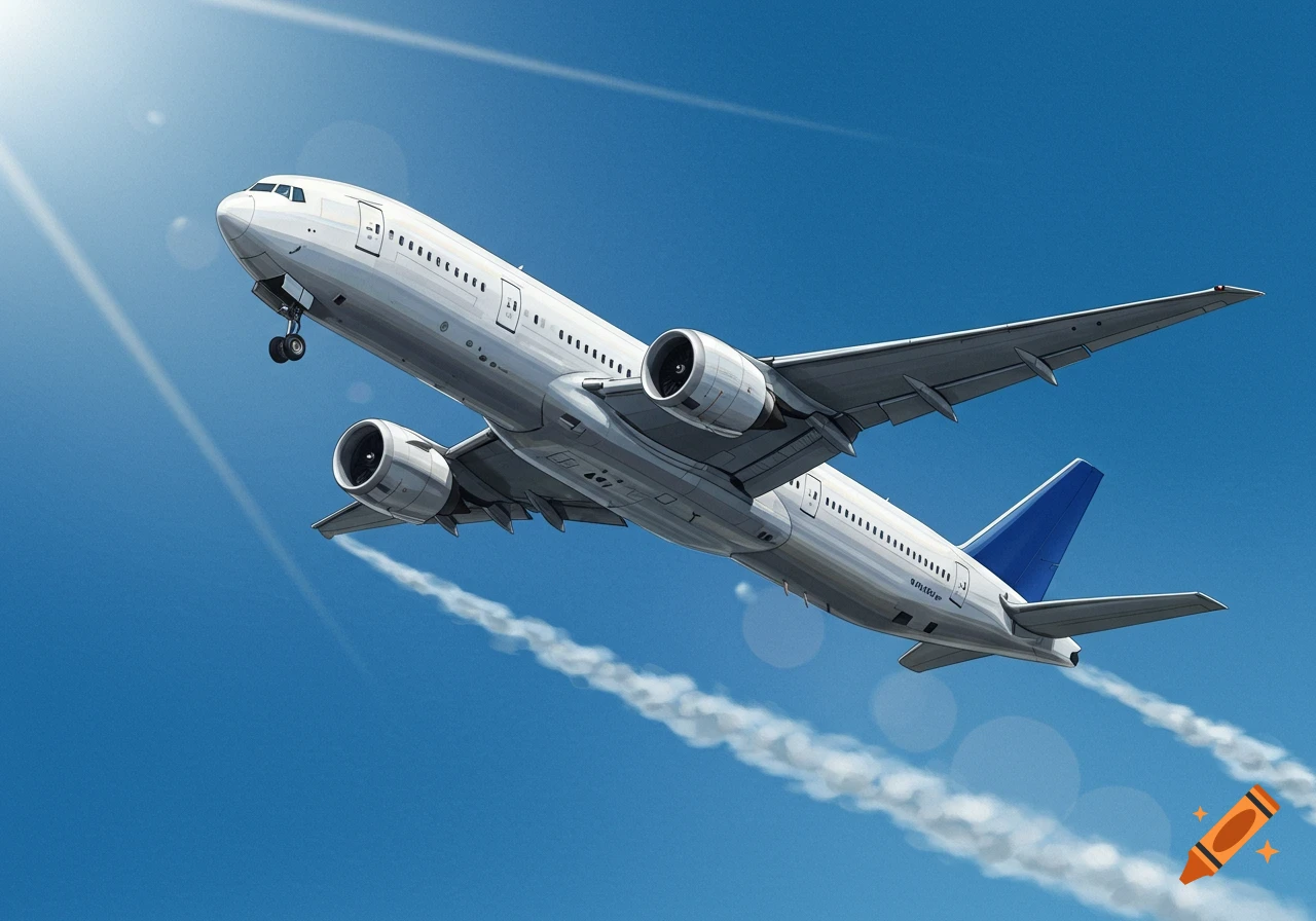 A white airplane flies against a bright blue sky with sun rays and contrails.
