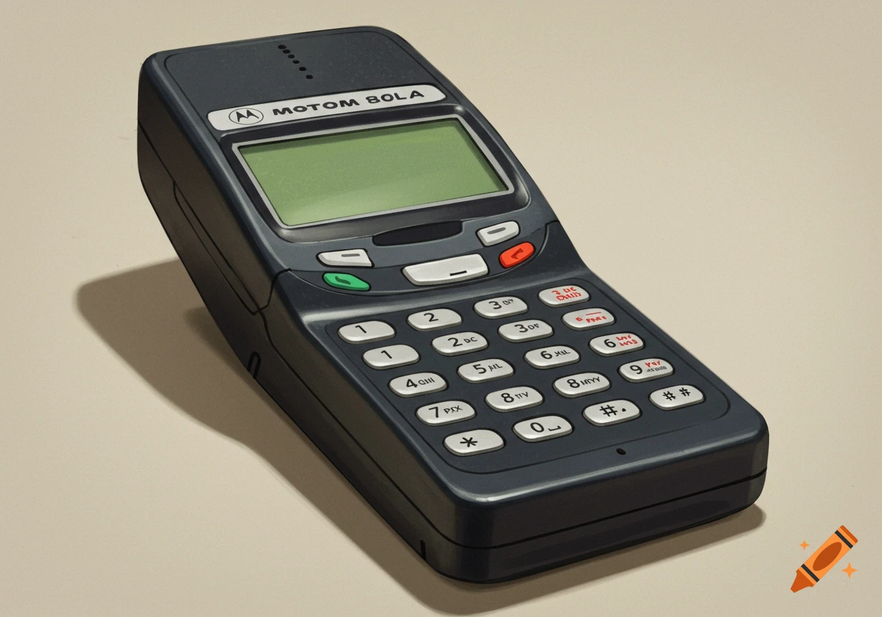 Photorealistic image of a retro dark gray mobile phone on a beige surface.