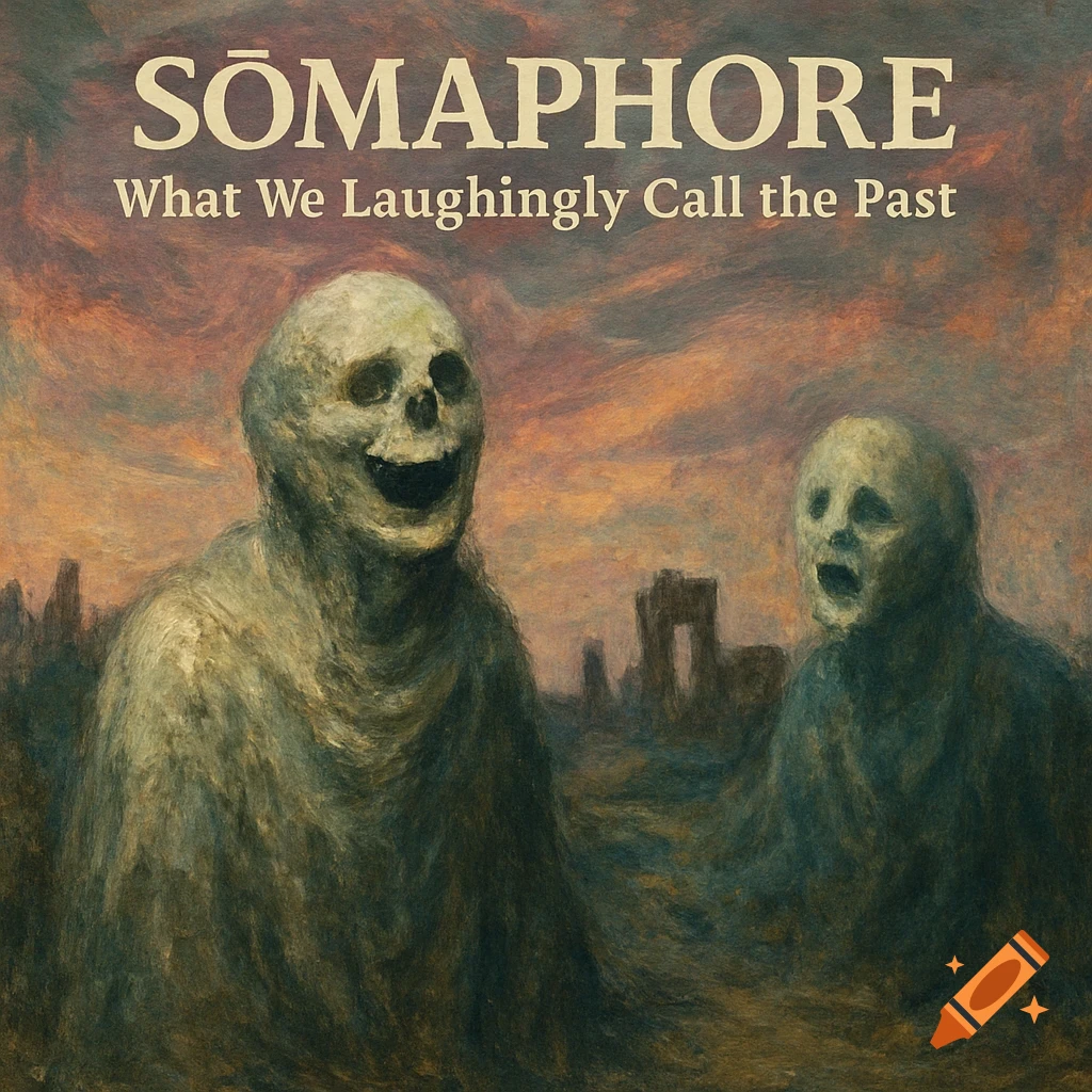 Dark art album cover with two ghoul figures in a desolate landscape and text.