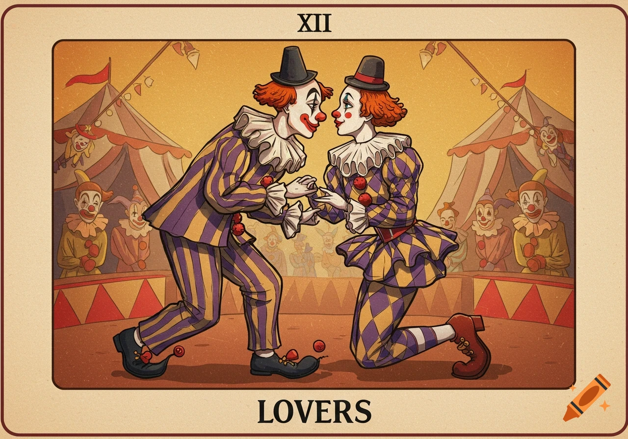 Two clowns in striped and diamond-patterned suits face each other in a circus tent, styled as a tarot card with the word LOVERS below.