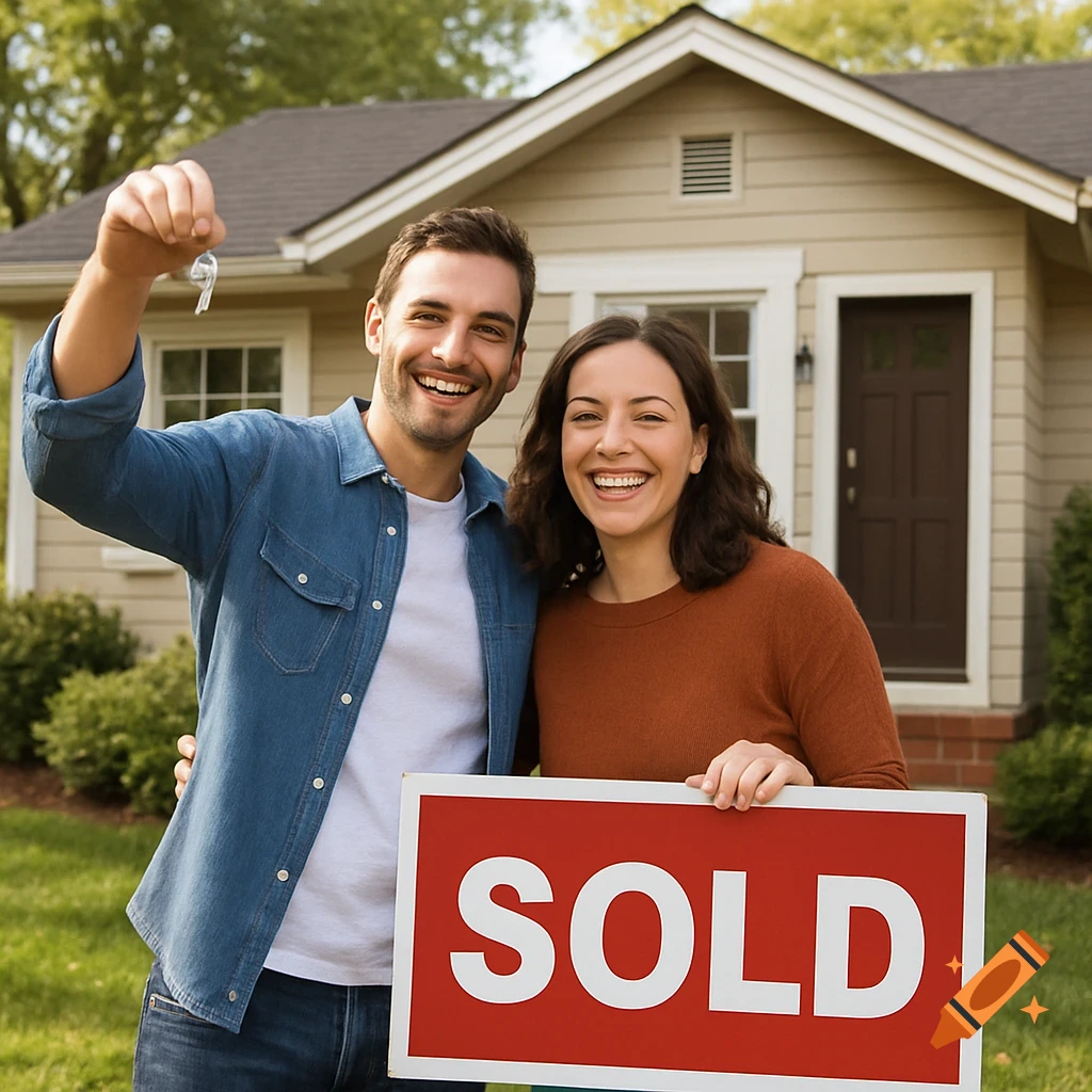 Happy couple in front of a house holding keys and a sold sign.