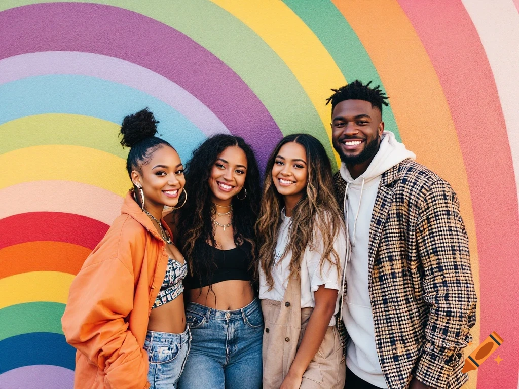Four young adults smiling and posing in front of a bright rainbow wall, photorealistic style.