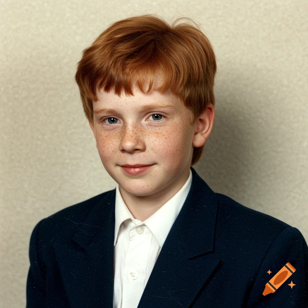 Young boy with red hair and freckles in a suit, a 1980s portrait.