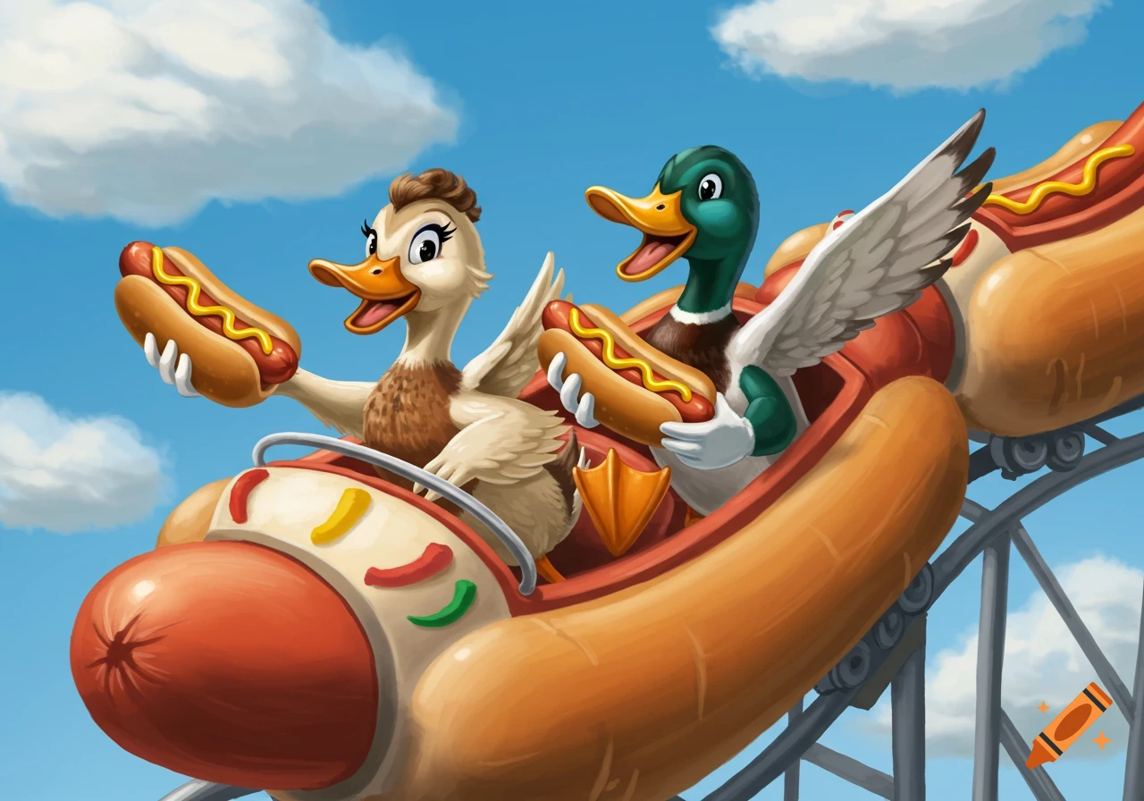 Cartoon ducks riding a hot dog shaped roller coaster and holding hot dogs.