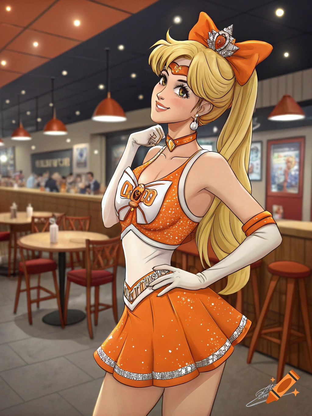Anime character in orange and white Hooters-style uniform in a restaurant