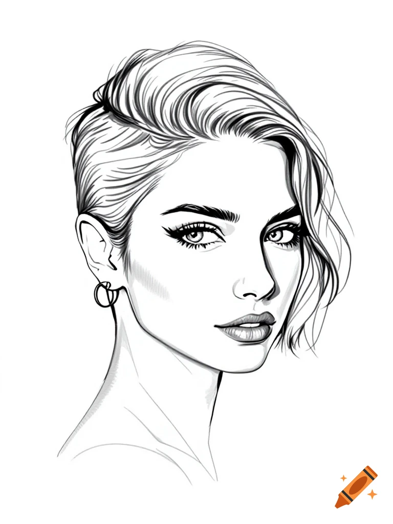 Black and white line drawing portrait of a woman with short hair.
