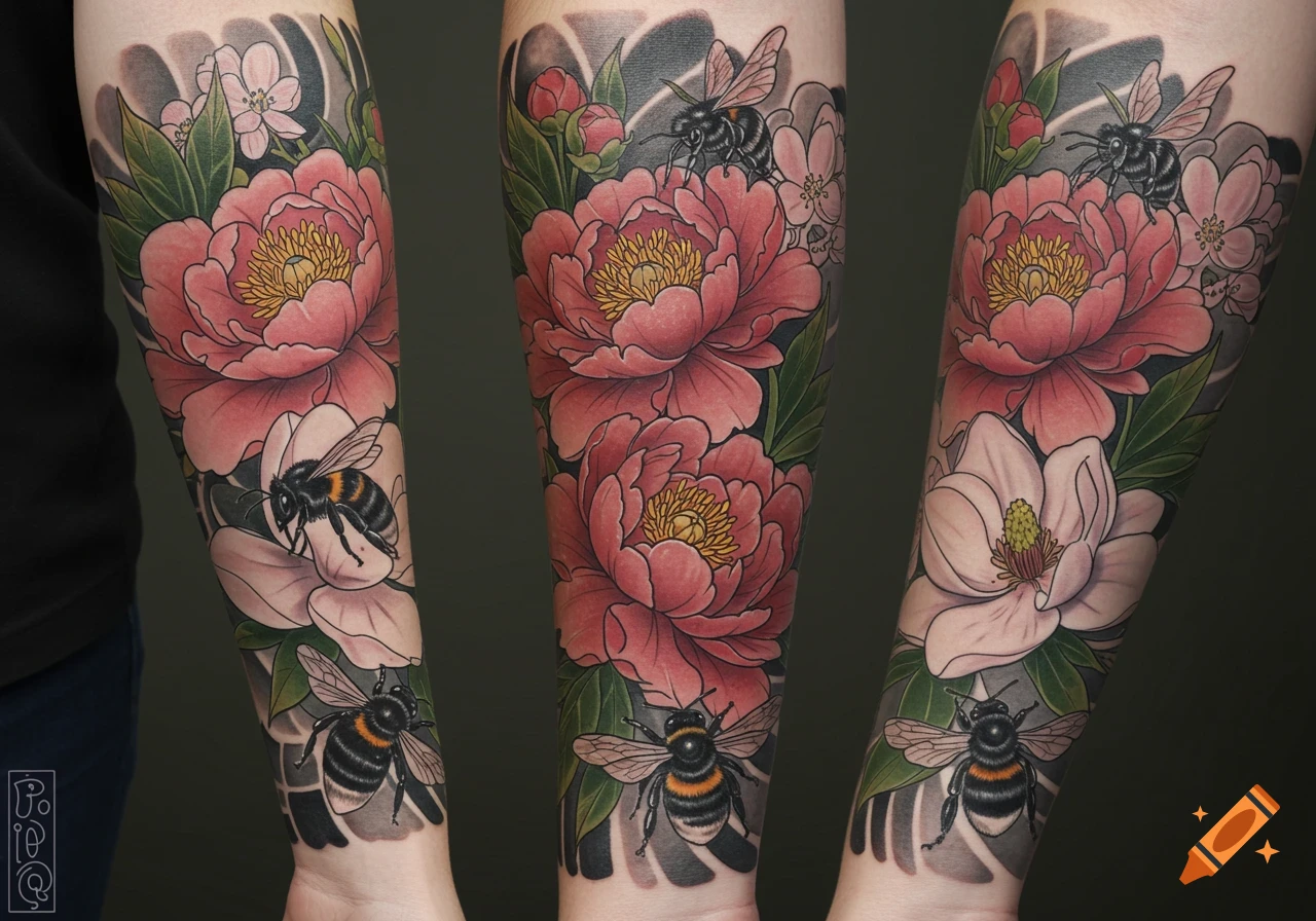 Forearm tattoo featuring pink peonies, white magnolias, and bumblebees.