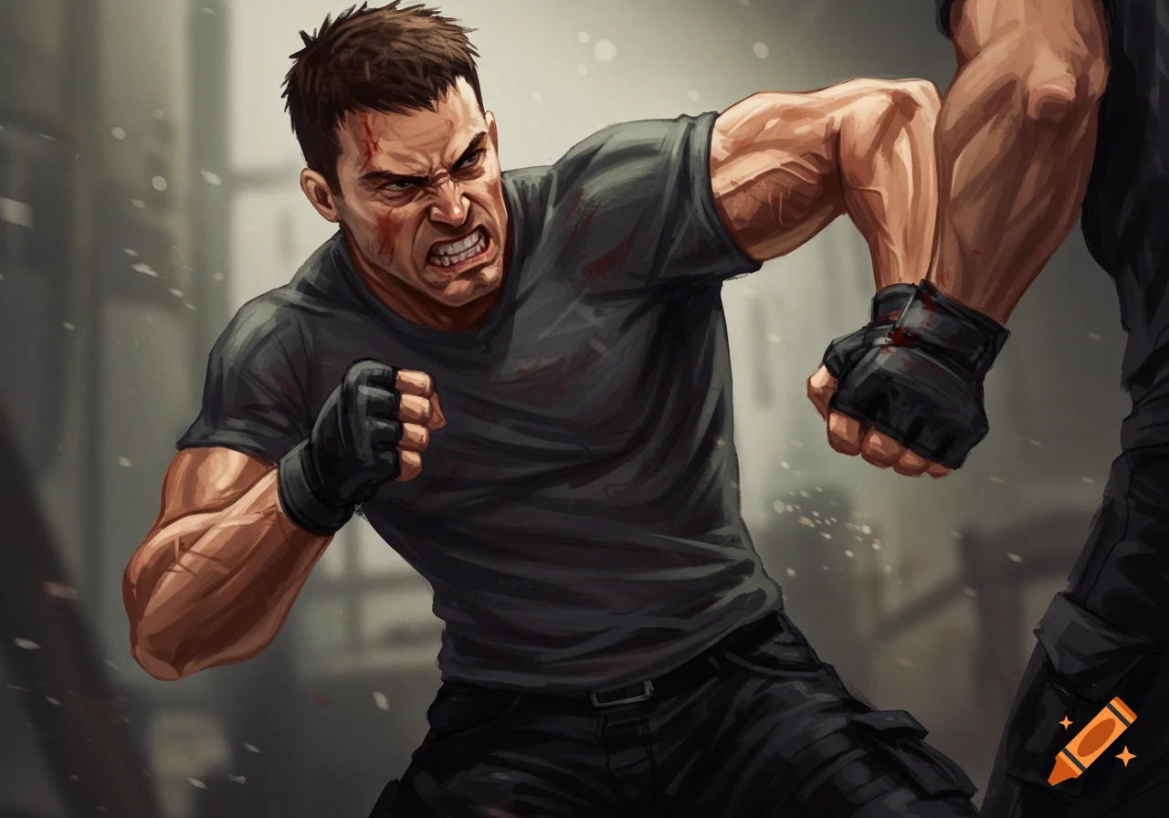 Stylized illustration of an angry man punching during a fight, with blood and scratches on his face.