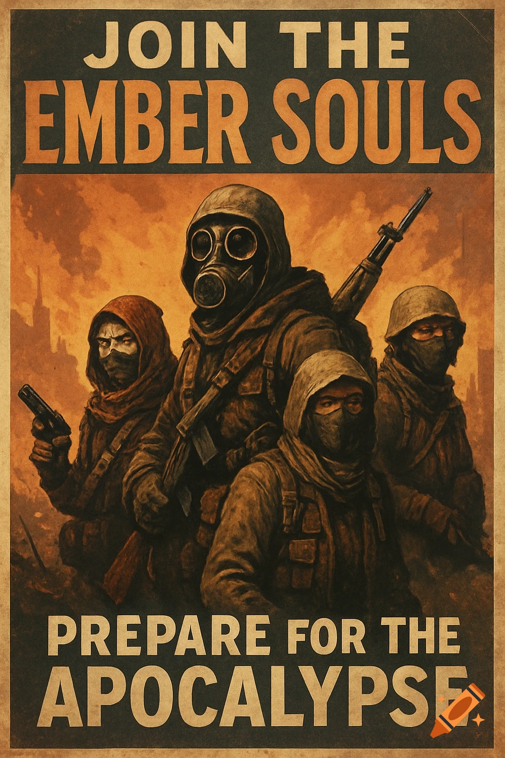 Propaganda poster with figures in gas masks and hoods. Text: 'JOIN THE EMBER SOULS', 'PREPARE FOR THE APOCALYPSE'.