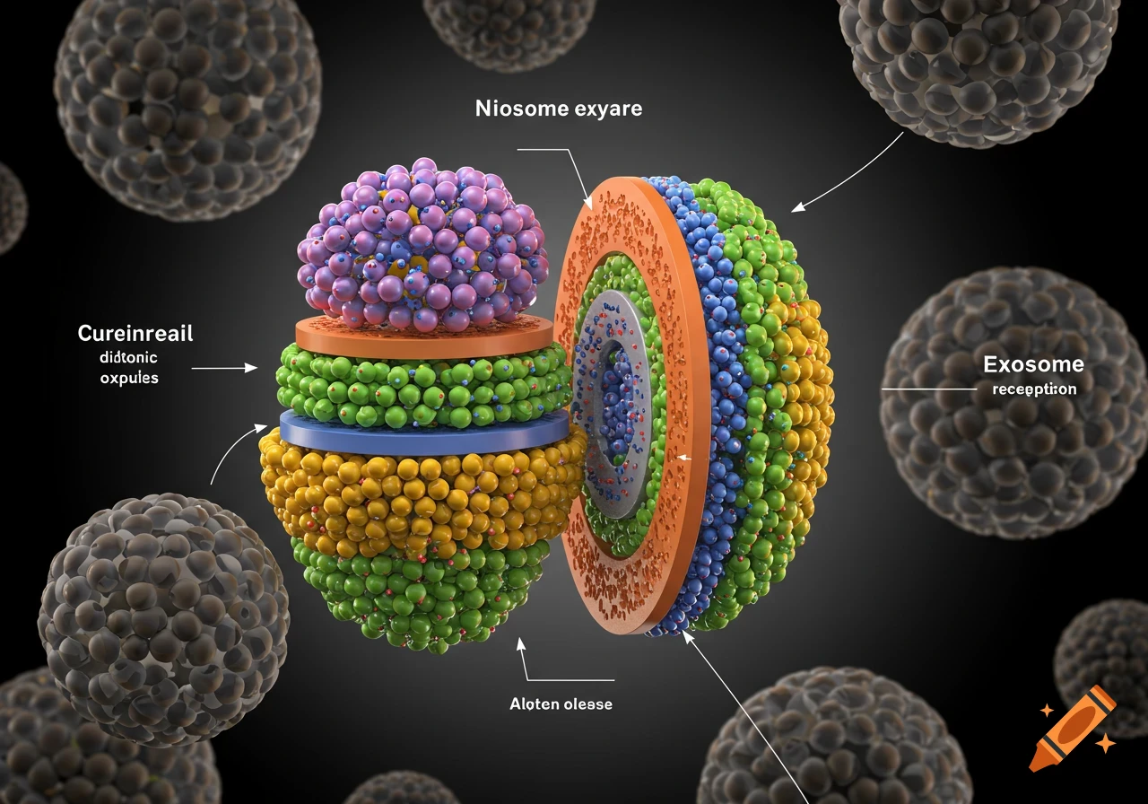 3D illustration of a layered nanoparticle cross-section and surrounding spheres.