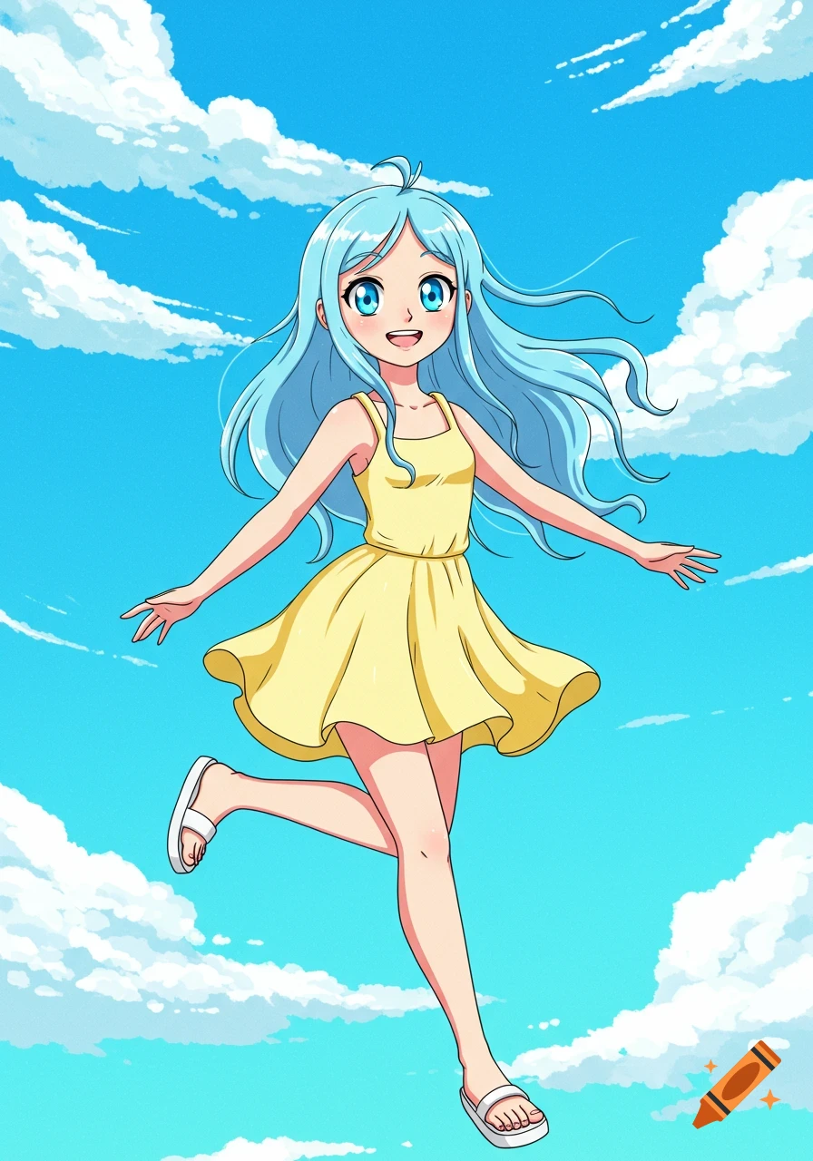 Anime girl in yellow dress jumping in blue sky with clouds