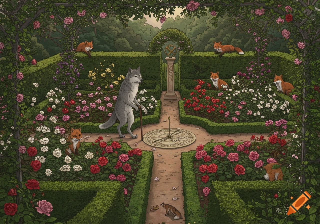 An illustrated image of a wolf with a walking stick strolling through a rose garden as foxes peek from hedges.