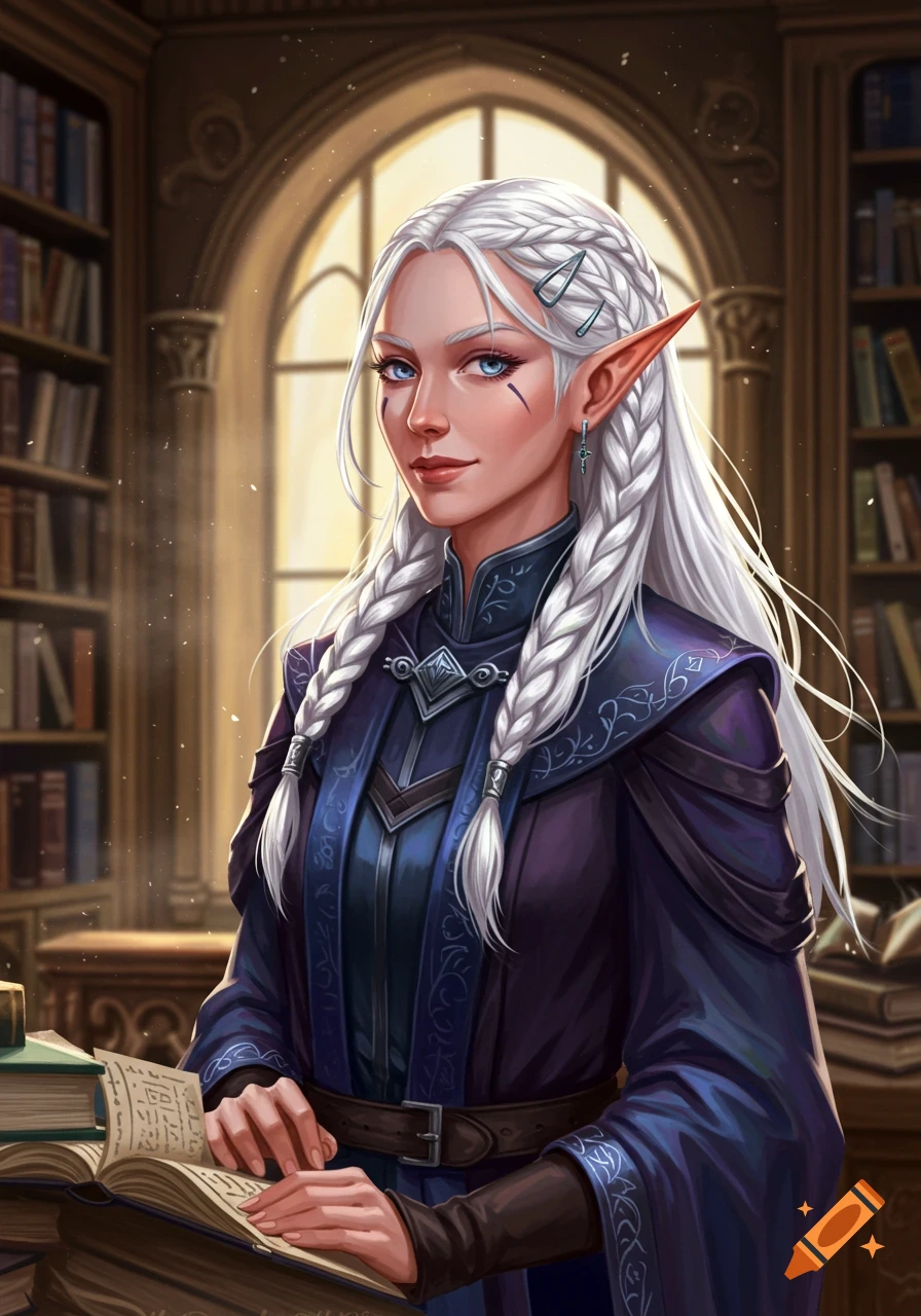 Portrait of a fantasy elf woman with white braided hair, reading a book in a library.