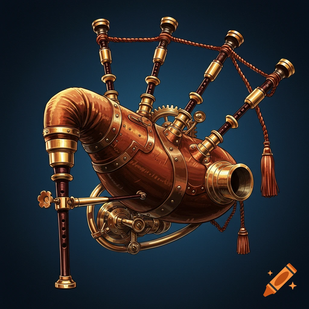 A steampunk bagpipe with gears and brass details.