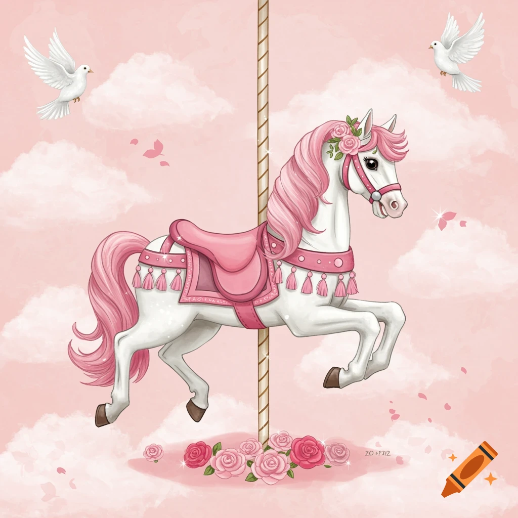 Illustration of a white carousel horse with pink mane, tail, saddle, and roses, with doves flying against a pink cloudy sky.