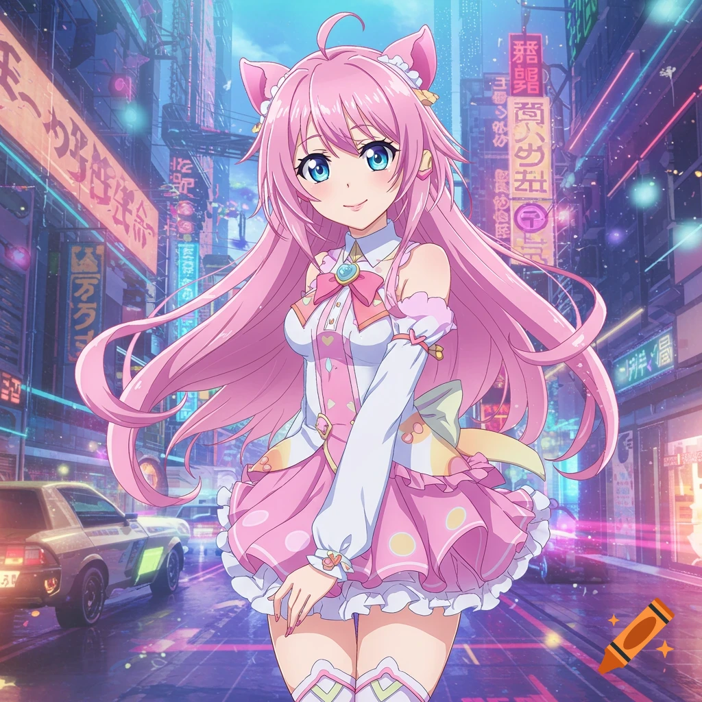 Anime girl with pink hair and cat ears in neon city street.