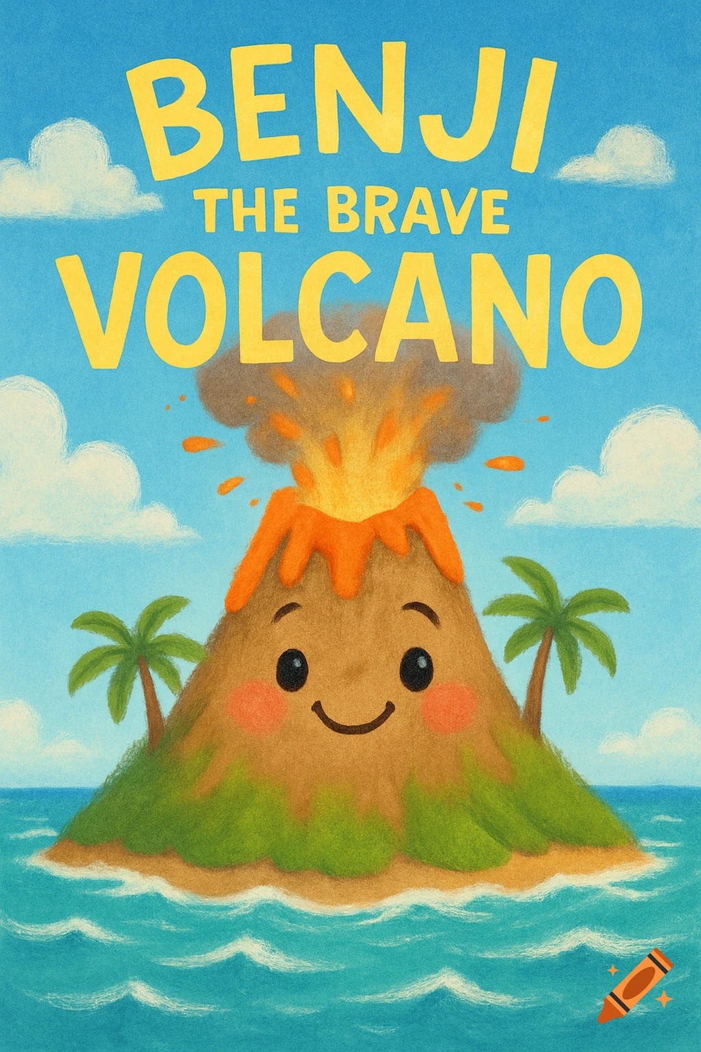 Children's book illustration of a cute smiling volcano erupting on an island in the sea. Text reads BENJI THE BRAVE VOLCANO.