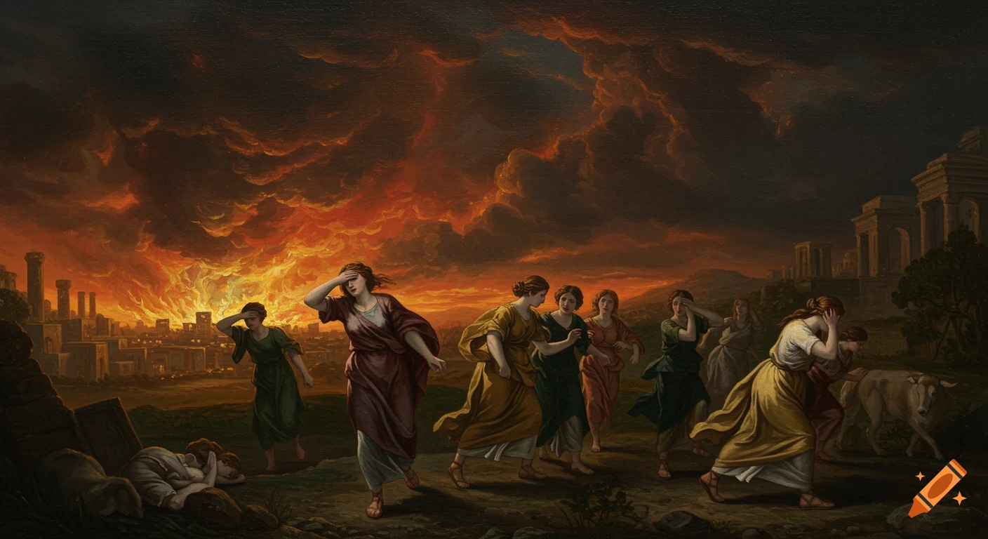 Painting of people fleeing a burning city under a fiery, smoky sky.