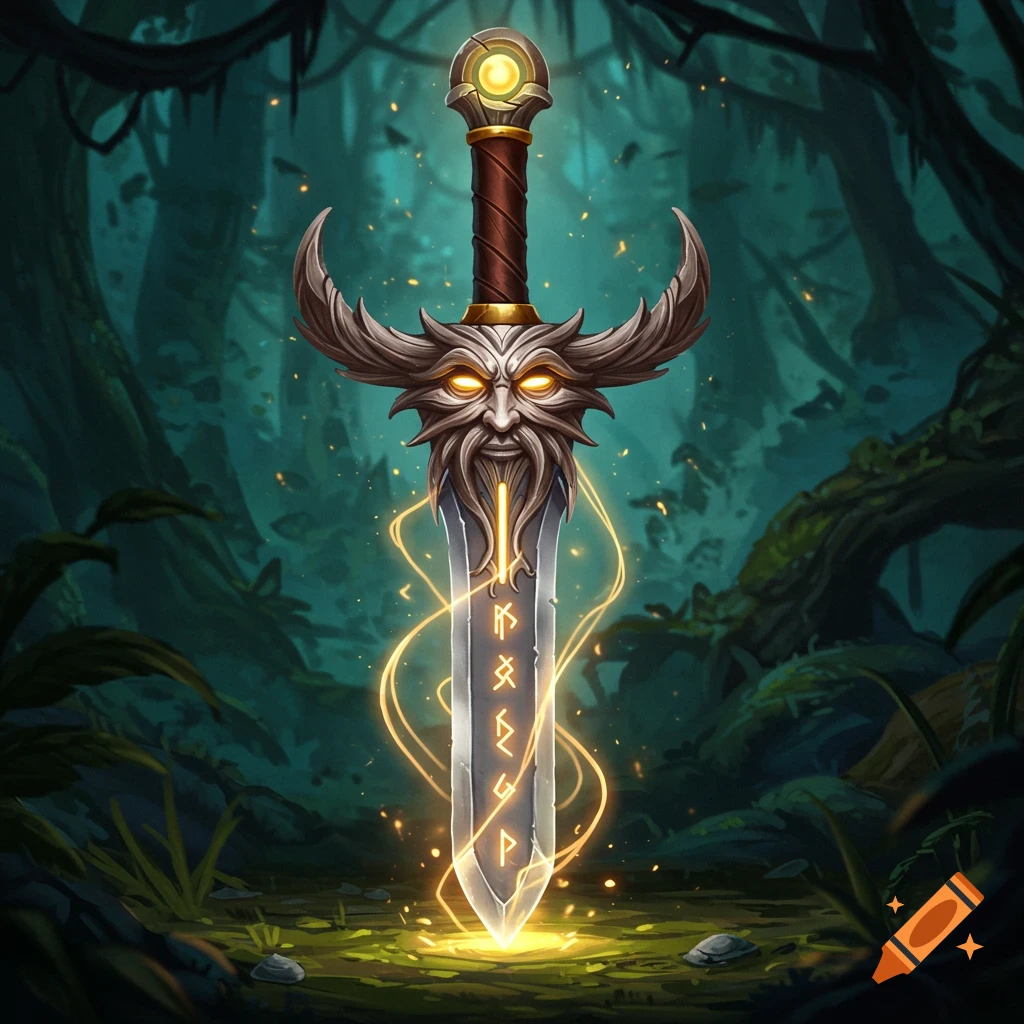A detailed fantasy sword with a carved face on the hilt stands upright in a forest clearing, glowing with magical energy.