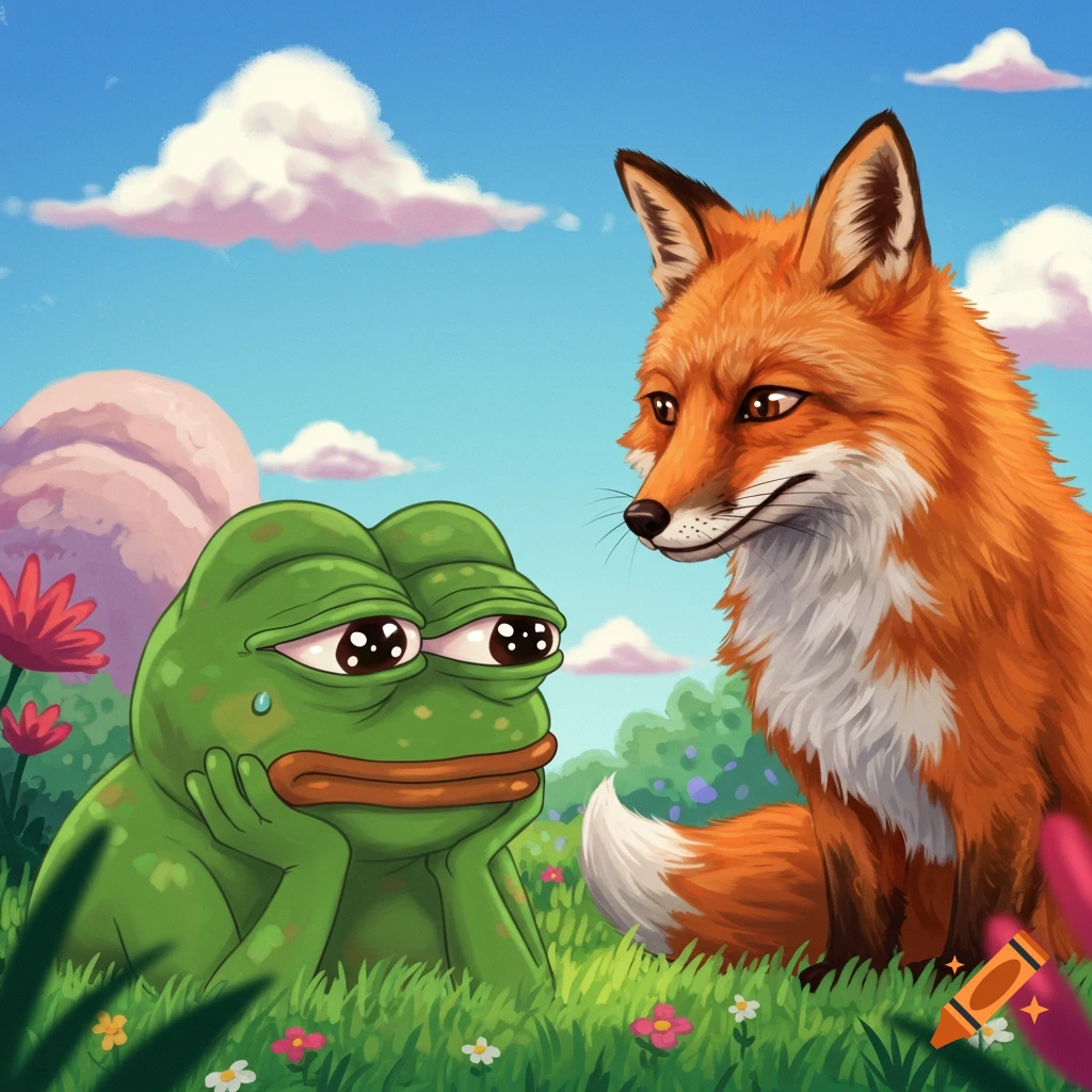 A sad green frog sits in the grass looking up at a smiling fox in a colorful illustration.